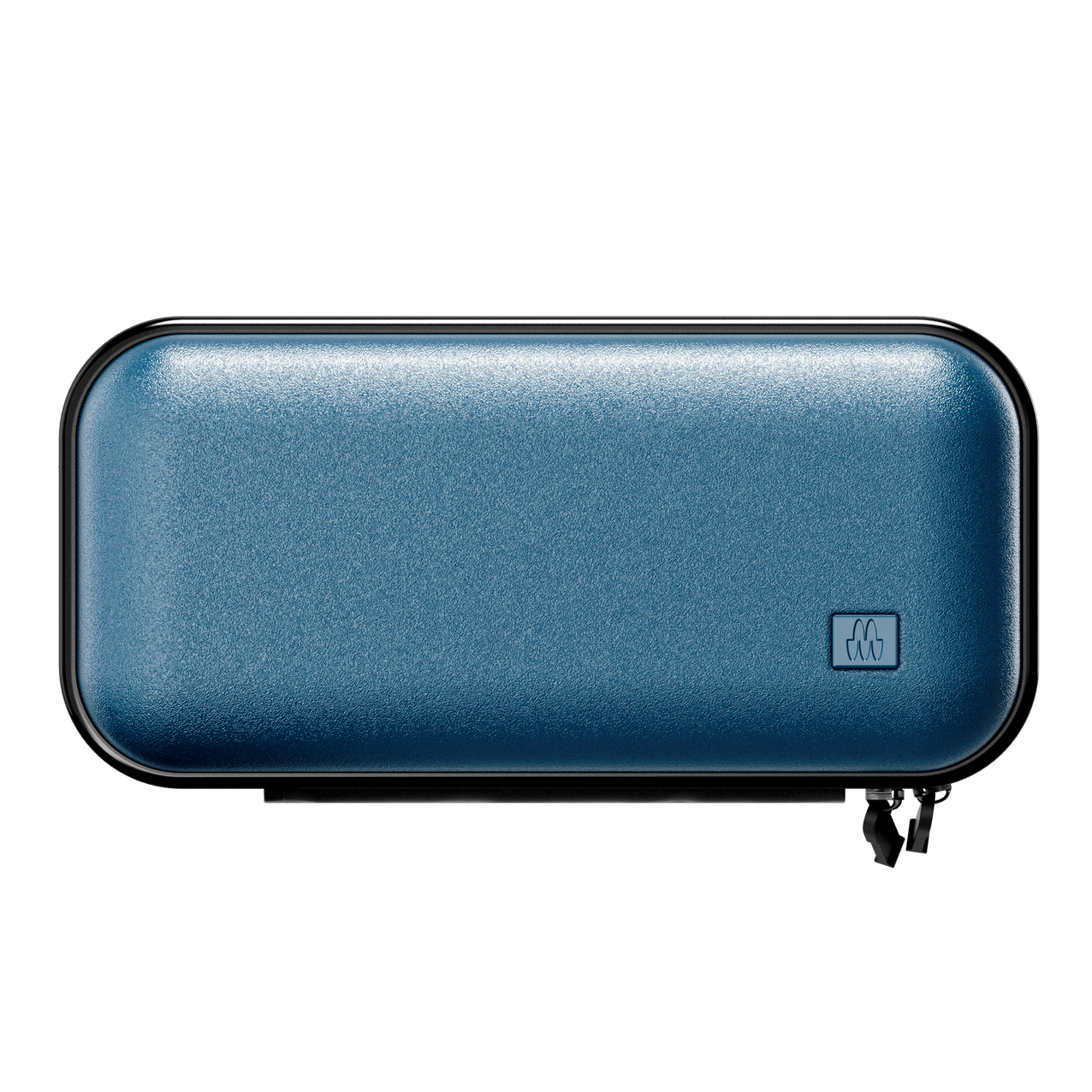 Blue textured rectangular travel case for grooming and skincare products with a zip closure.