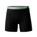 Black boxer briefs with a green waistband featuring the Meridian brand name.