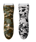Cordless electric hair clippers in green and gray camouflage patterns, featuring power buttons and ergonomic design.