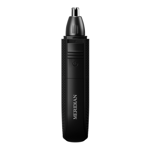 Black electric nose and ear hair trimmer with textured grip and Meridian branding on a black background.