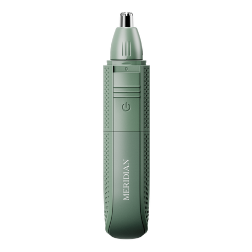Green electric nose and ear hair trimmer with textured grip and Meridian branding on a black background.
