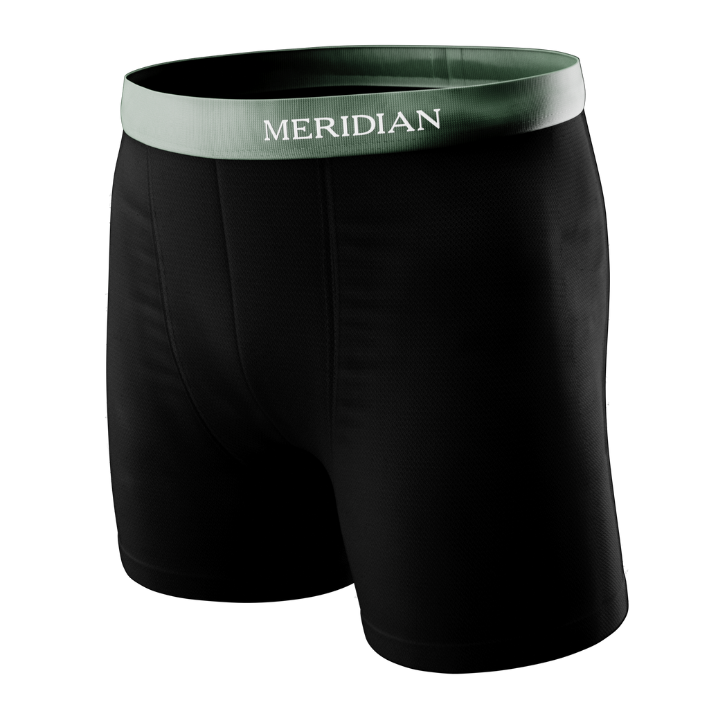 Black boxer briefs with a green waistband featuring the Meridian brand name.