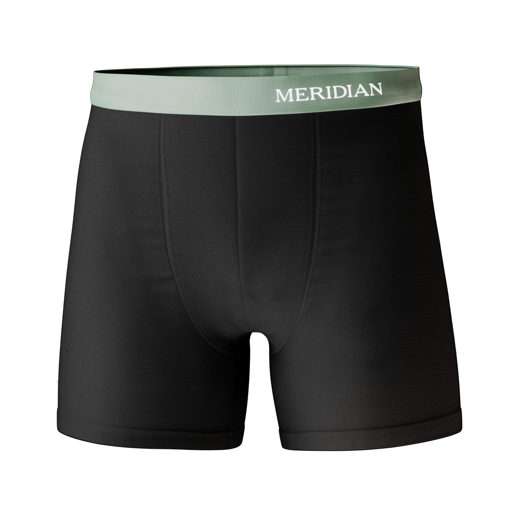 Black boxer briefs with a light gray waistband featuring the Meridian brand name.