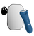 Blue electric hair trimmer positioned next to a rectangular wall-mounted mirror.