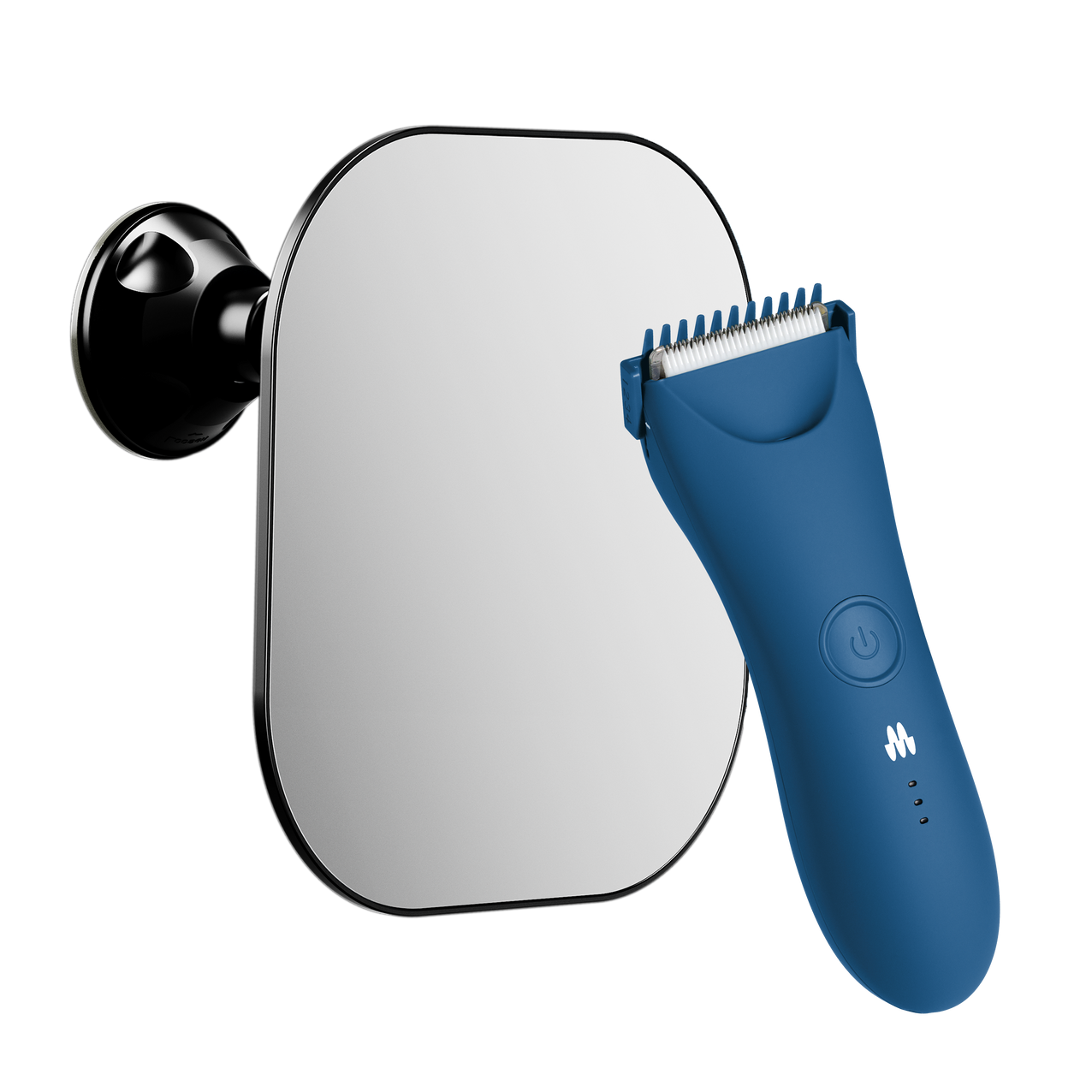 Blue electric hair trimmer positioned next to a rectangular wall-mounted mirror.