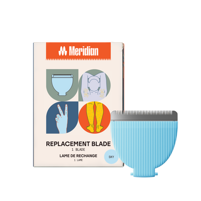 Meridian replacement clipper blade in sky blue with packaging showing body grooming areas for armpit, legs, and fingers.
