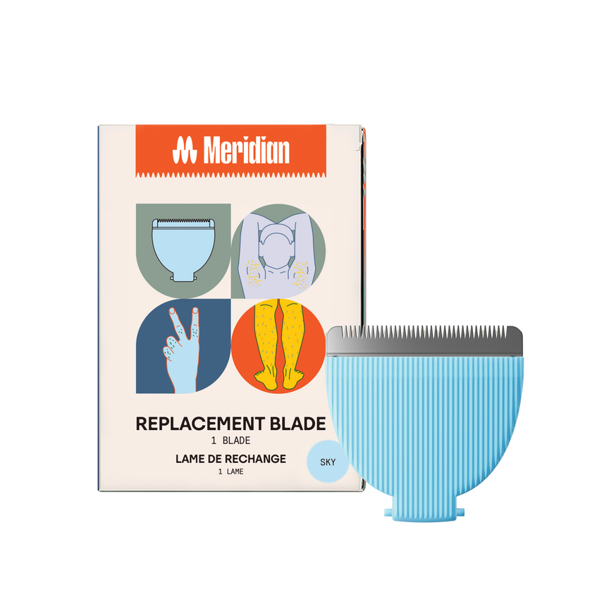 Meridian replacement clipper blade in sky blue with packaging showing body grooming areas for armpit, legs, and fingers.