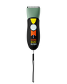 Electric hair clipper with blue and orange body featuring a hand graphic and a wrist strap.