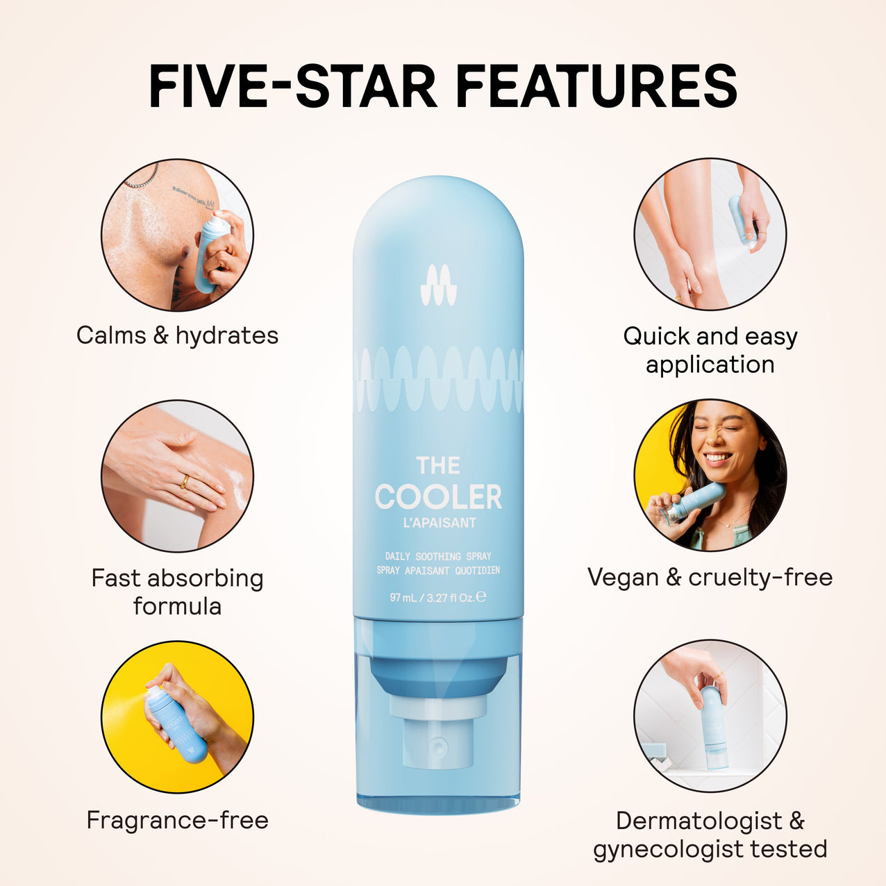 Cooling gel for skin, fast absorbing, fragrance-free, vegan, cruelty-free, calms and hydrates, dermatologist & gynecologist tested.