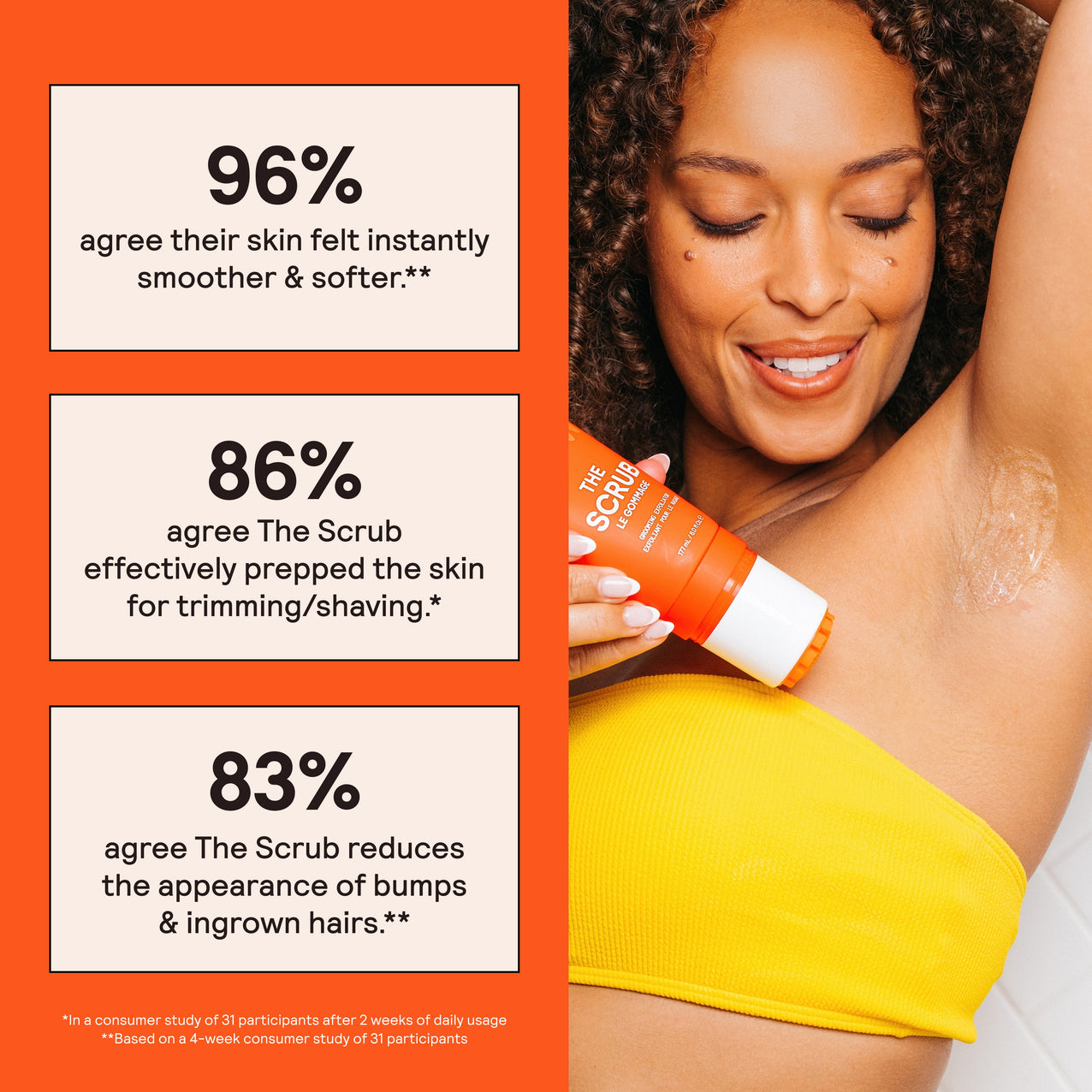 Smiling woman in yellow top holding exfoliating scrub; 96% felt skin smoother, 86% prepped skin, 83% saw fewer bumps and ingrown hairs.