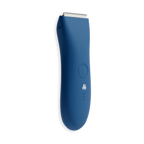 Cordless blue electric hair trimmer with stainless steel blades, power button, and battery indicator lights for grooming.