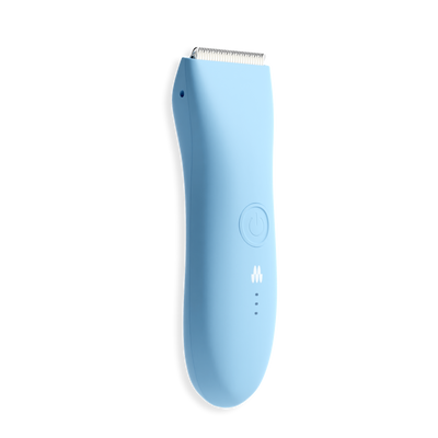 Cordless blue electric hair clipper with stainless steel blades, power button, and LED indicator lights.