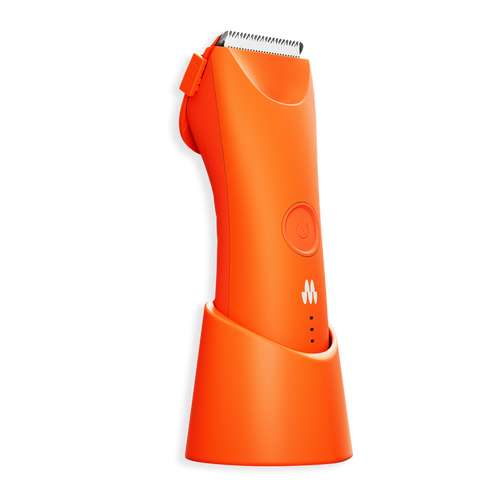 Cordless orange electric hair clipper with adjustable guard and charging stand, grooming tool for men and kids.