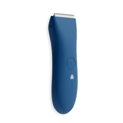 Cordless blue electric hair clipper with ergonomic design, power button, and stainless steel cutting blades for precise grooming.