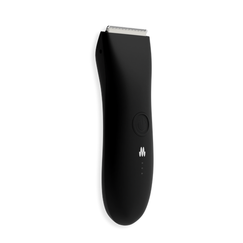 Sleek black rechargeable electric hair clipper with ergonomic design, power button, and stainless steel blades for precise cutting.