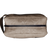 Canvas beige toiletry bag with black zipper and handle strap on a black background.