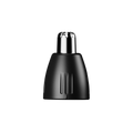 Close-up of a black and silver nose and ear hair trimmer attachment for grooming.