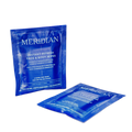 Two packets of Meridian Instant Refresh Face & Body Wipes in blue packaging against a black background.