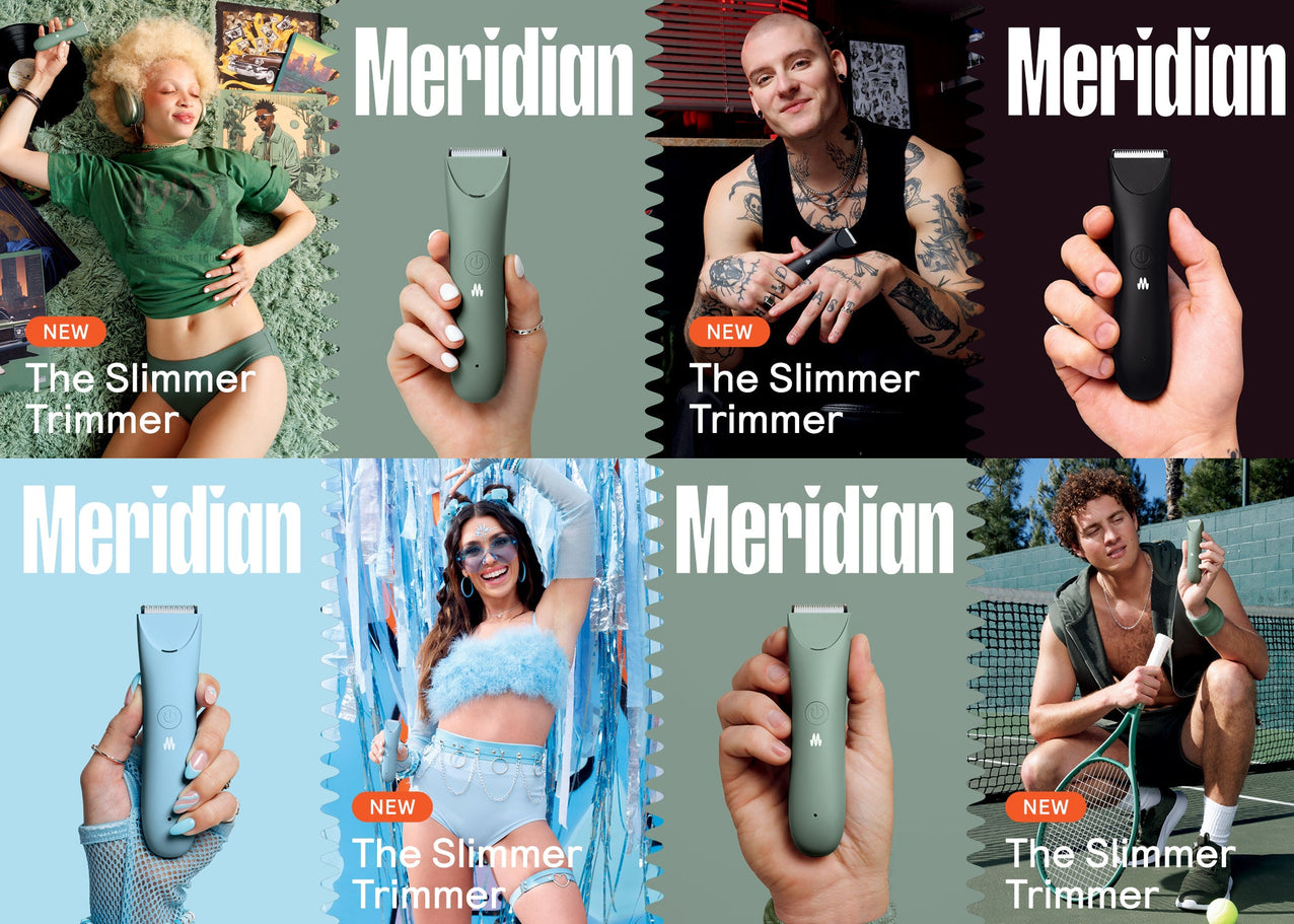 Collage showcasing Meridian's Slimmer Trimmer in various colors held by diverse individuals in lifestyle settings.